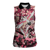 Japanese Hawaiian Crane Women Sleeveless Polo Shirt Soft Pink Tapa Patchwork Pattern
