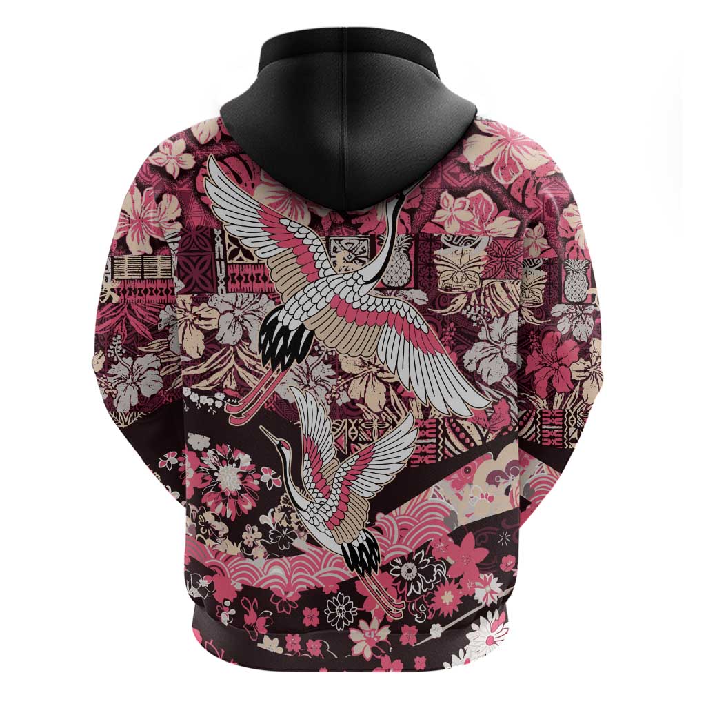 Japanese Hawaiian Crane Zip Hoodie Soft Pink Tapa Patchwork Pattern