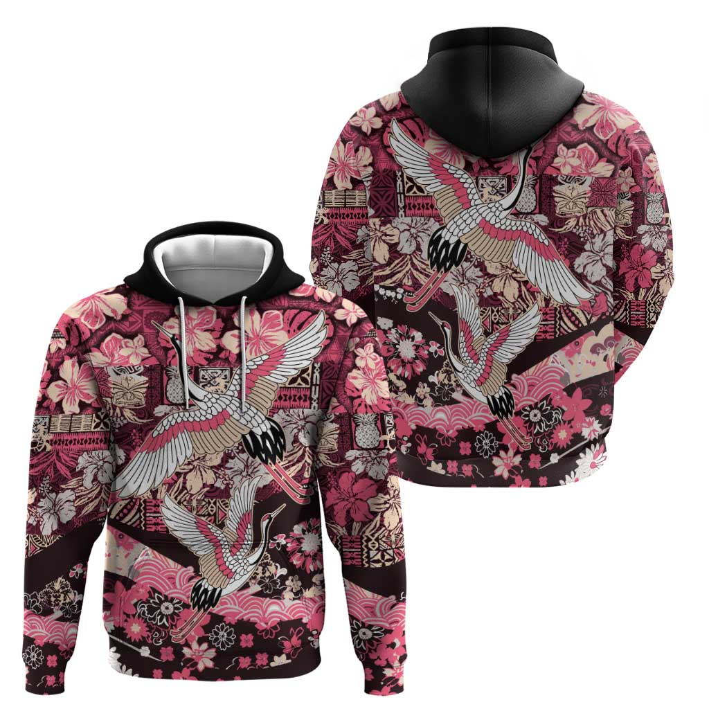 Japanese Hawaiian Crane Zip Hoodie Soft Pink Tapa Patchwork Pattern