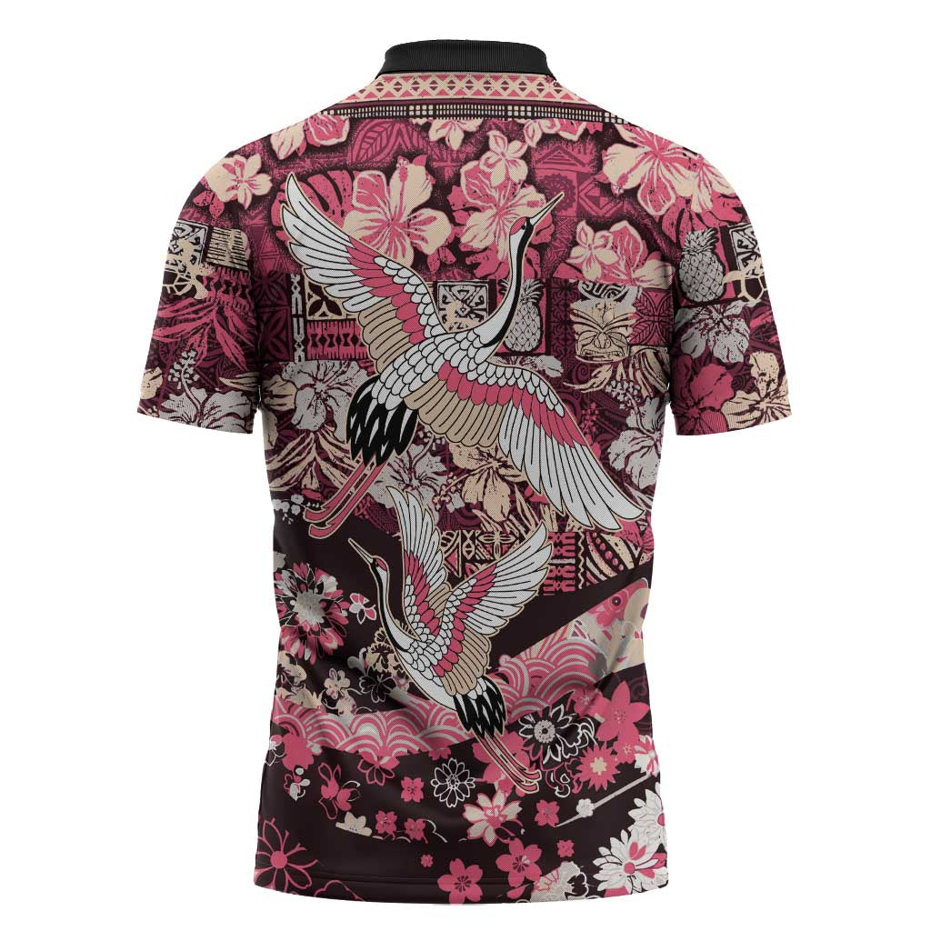 Japanese Hawaiian Crane Zipper Polo Shirt Soft Pink Tapa Patchwork Pattern