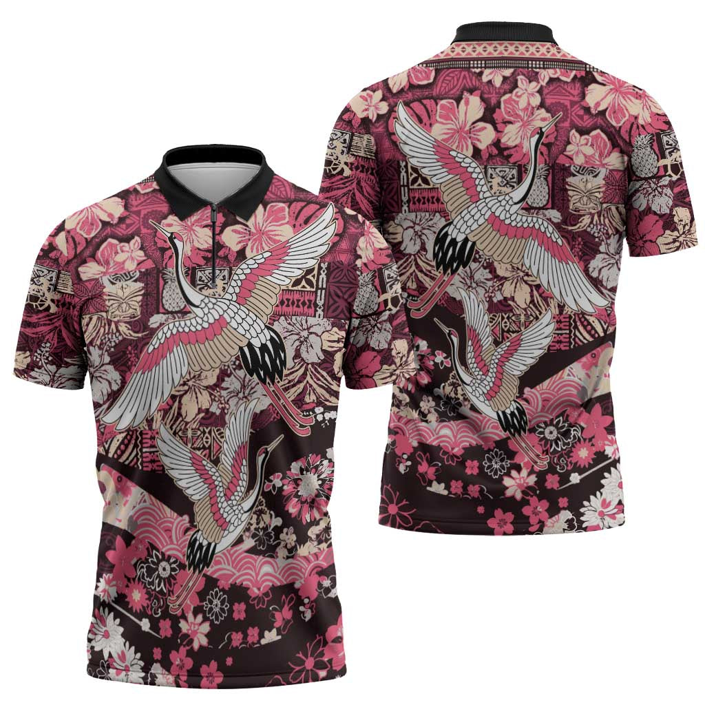 Japanese Hawaiian Crane Zipper Polo Shirt Soft Pink Tapa Patchwork Pattern