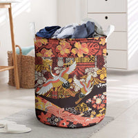 Japanese Hawaiian Crane Laundry Basket Yellow Ochre Tapa Patchwork Pattern