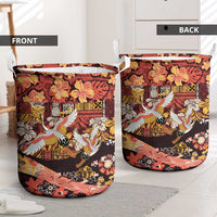 Japanese Hawaiian Crane Laundry Basket Yellow Ochre Tapa Patchwork Pattern
