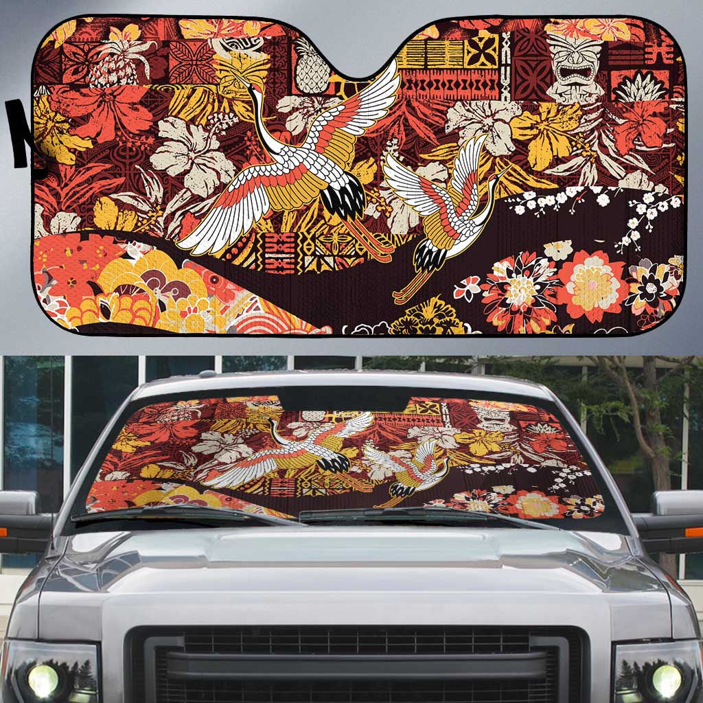 Japanese Hawaiian Crane Auto Sun Shade Yellow Ochre Tapa Patchwork Pattern