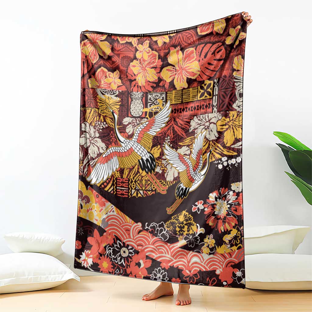 Japanese Hawaiian Crane Blanket Yellow Ochre Tapa Patchwork Pattern