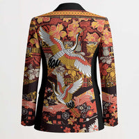Japanese Hawaiian Crane Blazer Yellow Ochre Tapa Patchwork Pattern