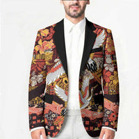Japanese Hawaiian Crane Blazer Yellow Ochre Tapa Patchwork Pattern