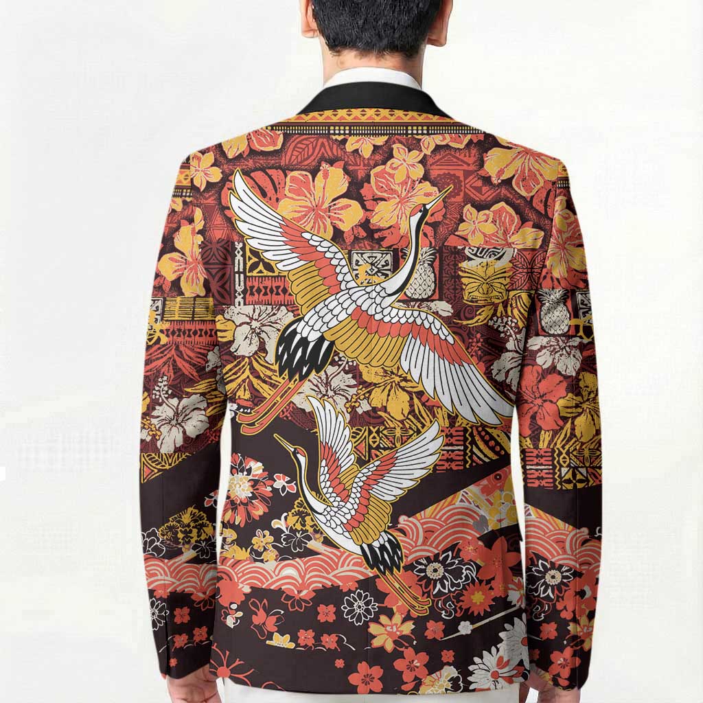 Japanese Hawaiian Crane Blazer Yellow Ochre Tapa Patchwork Pattern