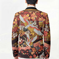 Japanese Hawaiian Crane Blazer Yellow Ochre Tapa Patchwork Pattern