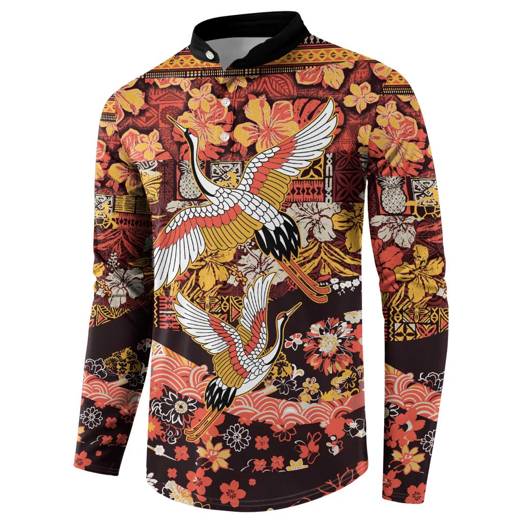 Japanese Hawaiian Crane Button Sweatshirt Yellow Ochre Tapa Patchwork Pattern