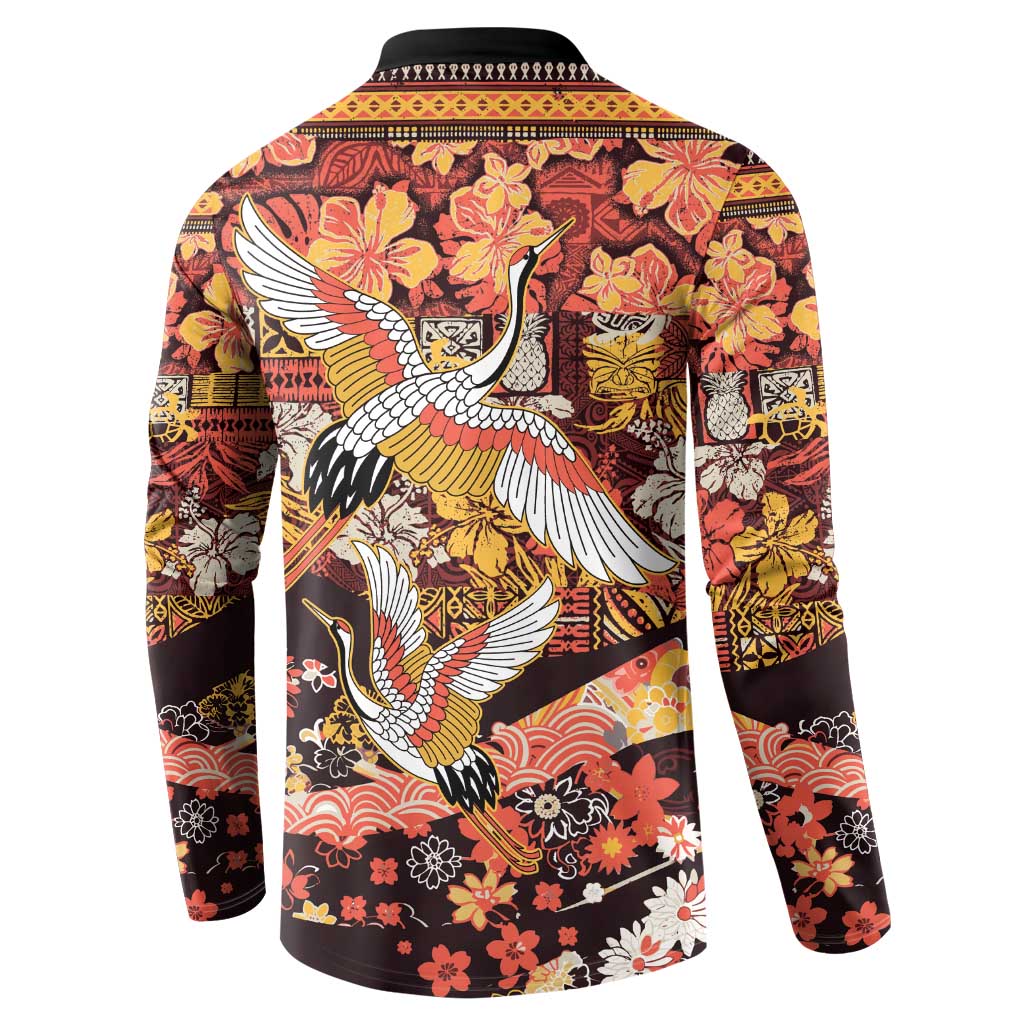 Japanese Hawaiian Crane Button Sweatshirt Yellow Ochre Tapa Patchwork Pattern