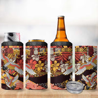 Japanese Hawaiian Crane 4 in 1 Can Cooler Tumbler Yellow Ochre Tapa Patchwork Pattern