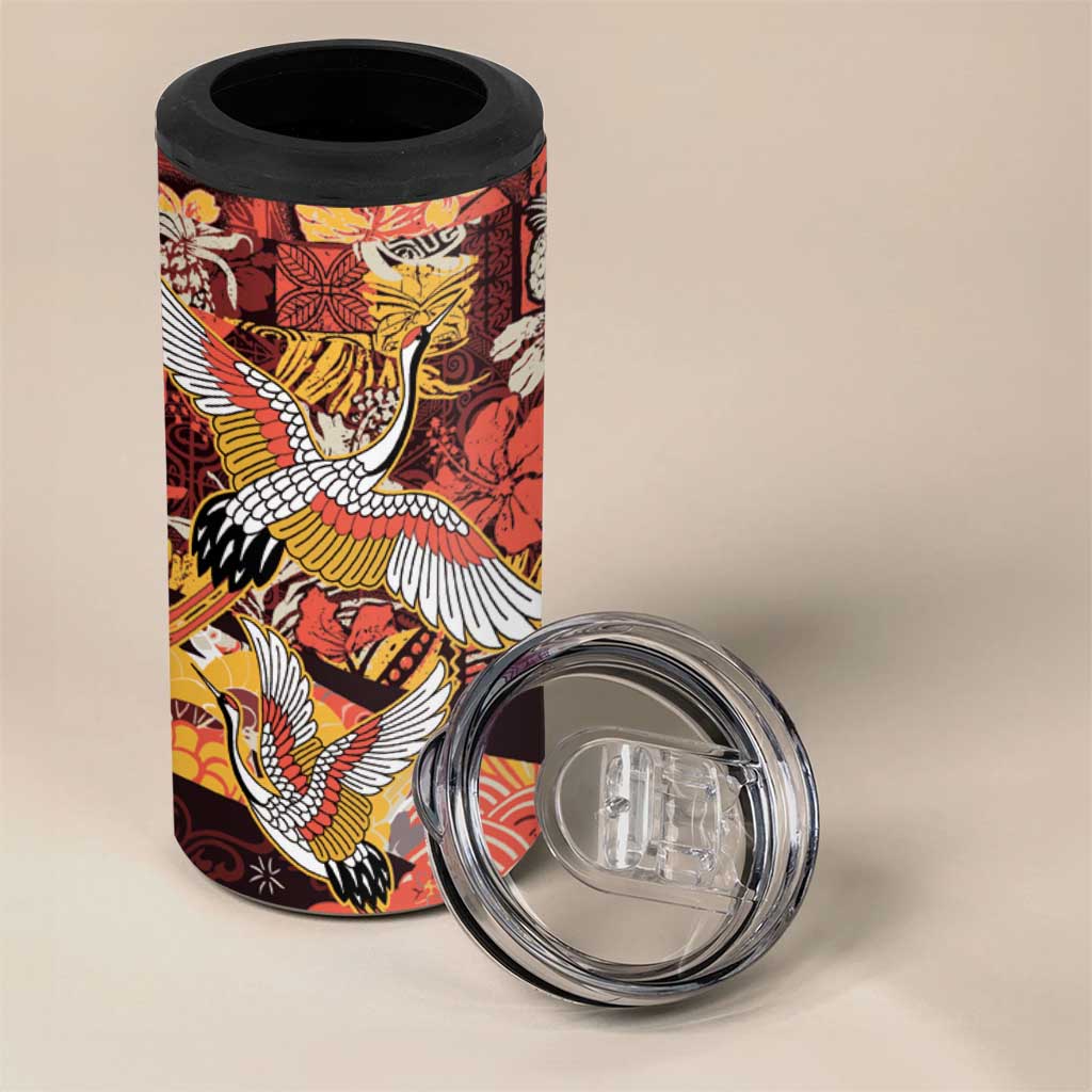 Japanese Hawaiian Crane 4 in 1 Can Cooler Tumbler Yellow Ochre Tapa Patchwork Pattern