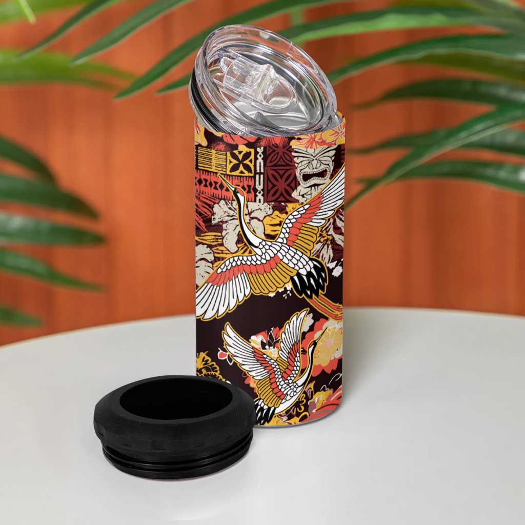 Japanese Hawaiian Crane 4 in 1 Can Cooler Tumbler Yellow Ochre Tapa Patchwork Pattern