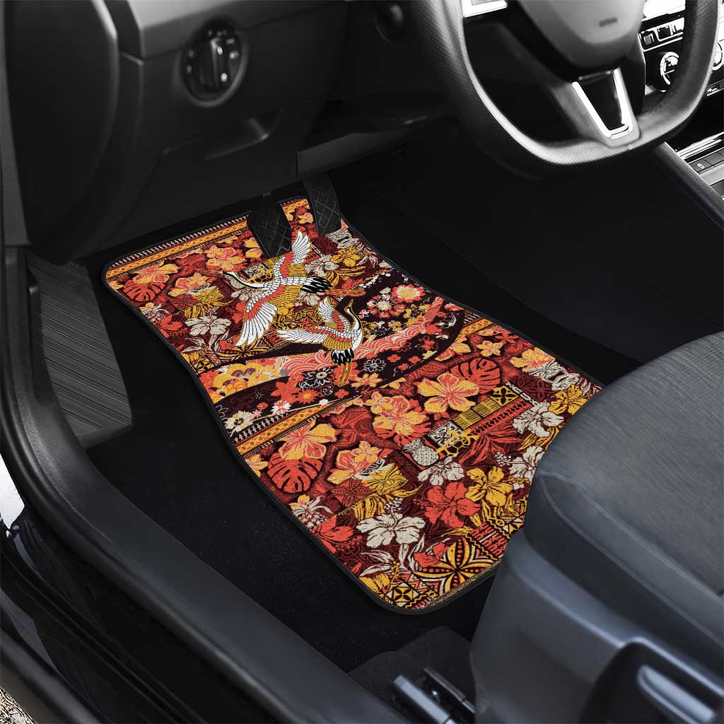 Japanese Hawaiian Crane Car Mats Yellow Ochre Tapa Patchwork Pattern