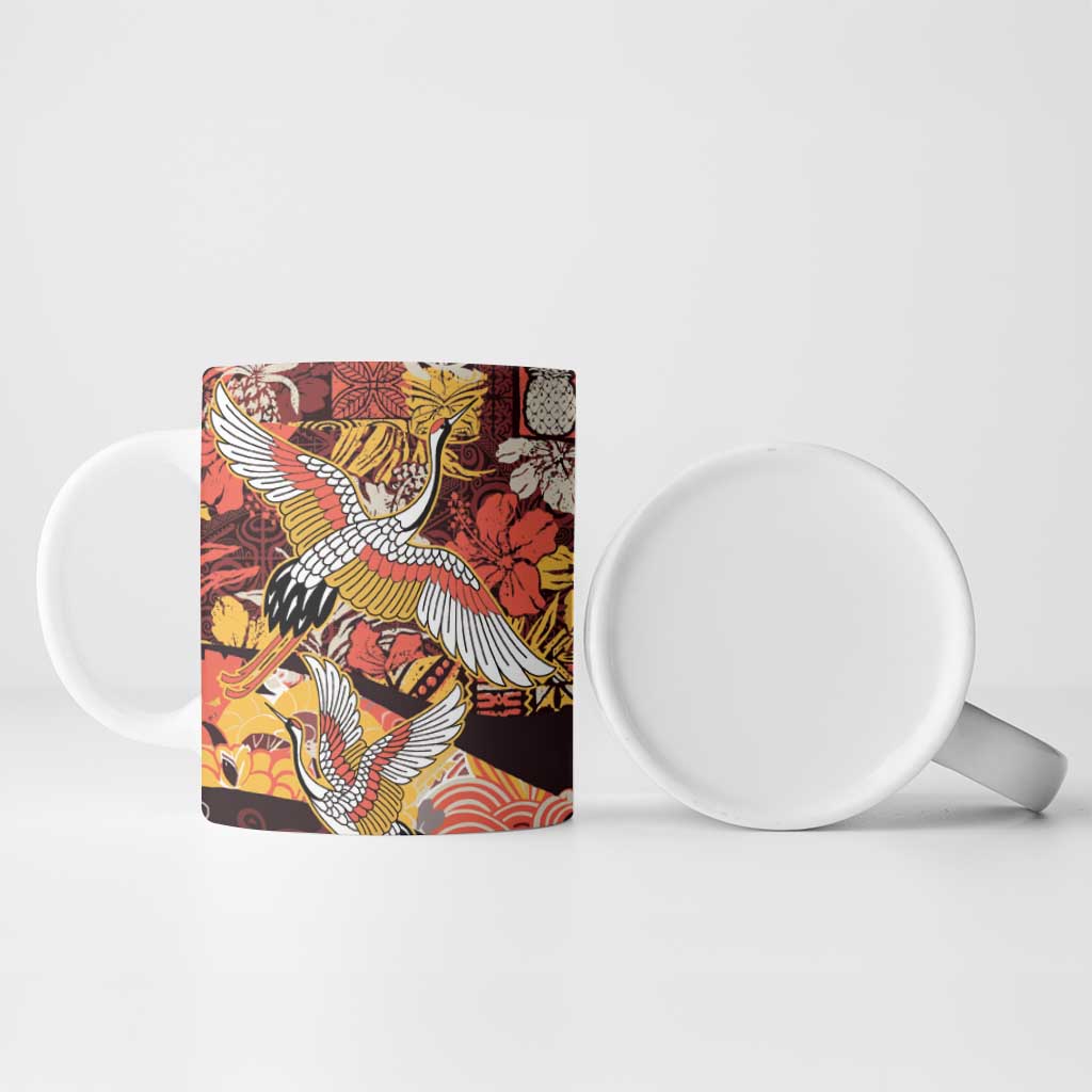 Japanese Hawaiian Crane Ceramic Mug Yellow Ochre Tapa Patchwork Pattern