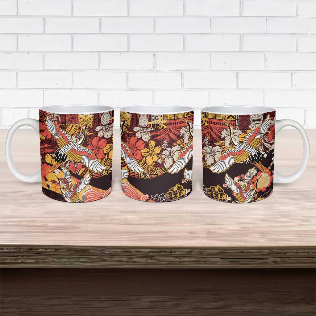 Japanese Hawaiian Crane Ceramic Mug Yellow Ochre Tapa Patchwork Pattern