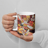 Japanese Hawaiian Crane Ceramic Mug Yellow Ochre Tapa Patchwork Pattern