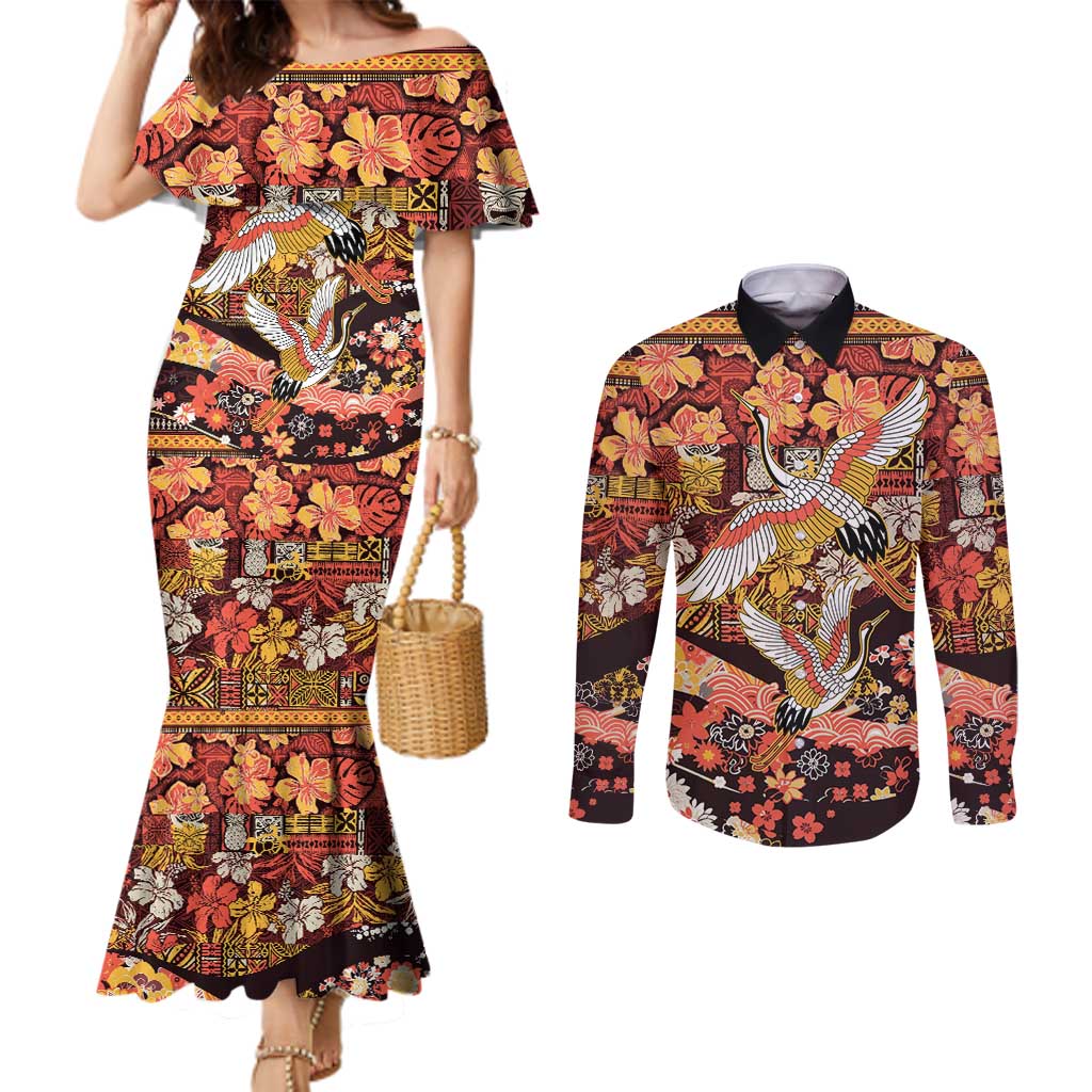 Japanese Hawaiian Crane Couples Matching Mermaid Dress and Long Sleeve Button Shirt Yellow Ochre Tapa Patchwork Pattern