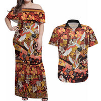 Japanese Hawaiian Crane Couples Matching Off Shoulder Maxi Dress and Hawaiian Shirt Yellow Ochre Tapa Patchwork Pattern