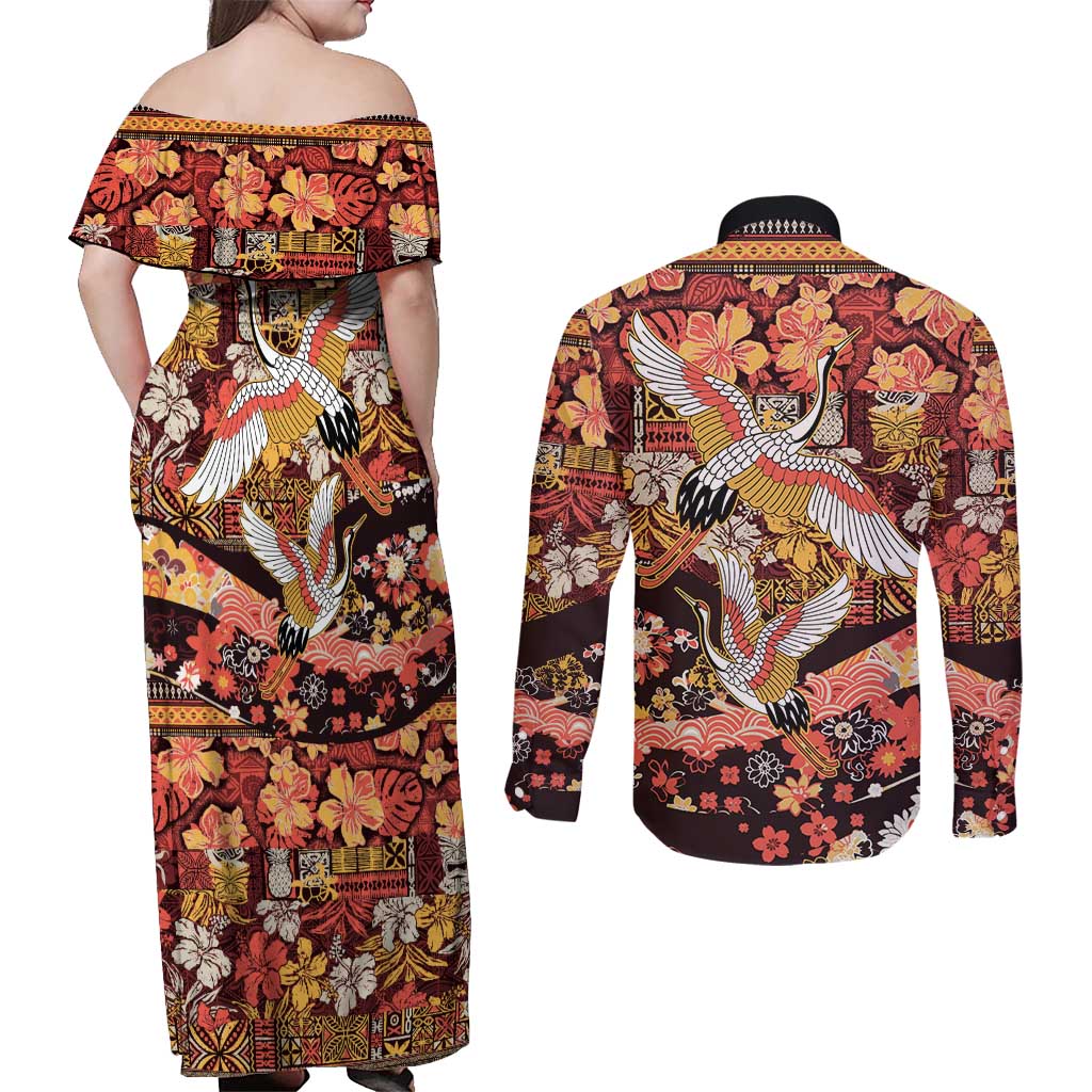 Japanese Hawaiian Crane Couples Matching Off Shoulder Maxi Dress and Long Sleeve Button Shirt Yellow Ochre Tapa Patchwork Pattern