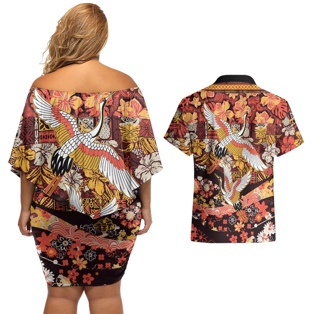 Japanese Hawaiian Crane Couples Matching Off Shoulder Short Dress and Hawaiian Shirt Yellow Ochre Tapa Patchwork Pattern