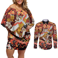 Japanese Hawaiian Crane Couples Matching Off Shoulder Short Dress and Long Sleeve Button Shirt Yellow Ochre Tapa Patchwork Pattern