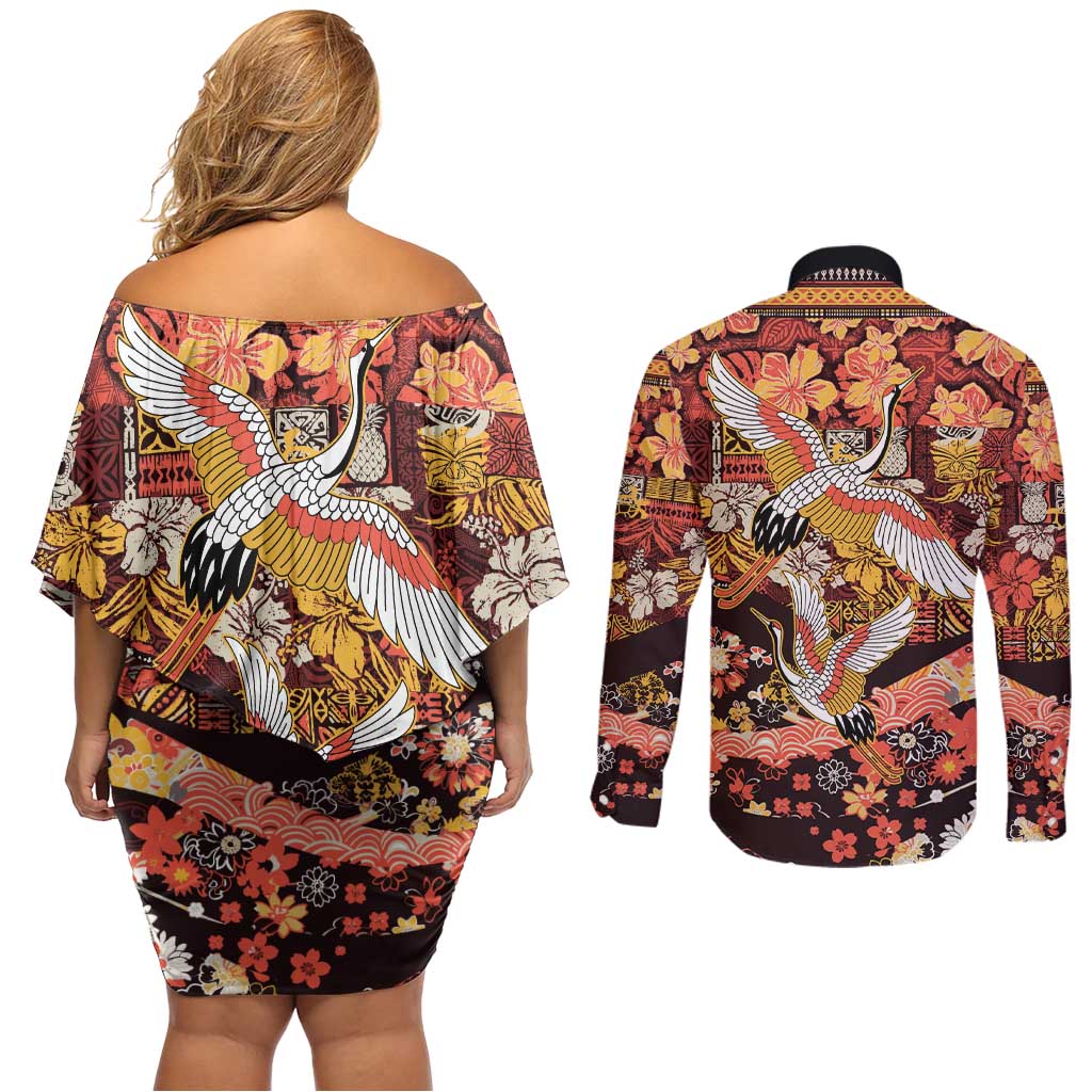 Japanese Hawaiian Crane Couples Matching Off Shoulder Short Dress and Long Sleeve Button Shirt Yellow Ochre Tapa Patchwork Pattern