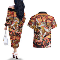 Japanese Hawaiian Crane Couples Matching Off The Shoulder Long Sleeve Dress and Hawaiian Shirt Yellow Ochre Tapa Patchwork Pattern