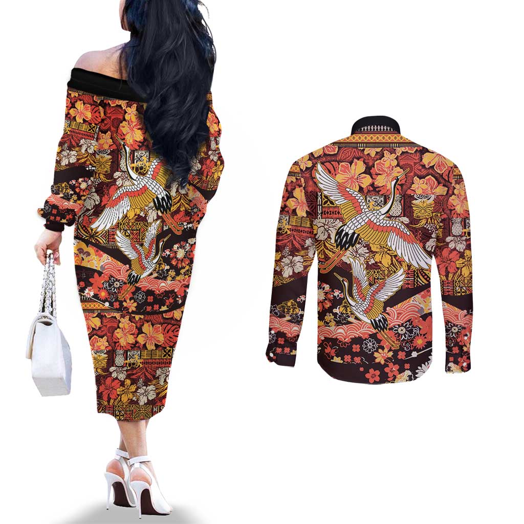 Japanese Hawaiian Crane Couples Matching Off The Shoulder Long Sleeve Dress and Long Sleeve Button Shirt Yellow Ochre Tapa Patchwork Pattern