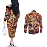 Japanese Hawaiian Crane Couples Matching Off The Shoulder Long Sleeve Dress and Long Sleeve Button Shirt Yellow Ochre Tapa Patchwork Pattern