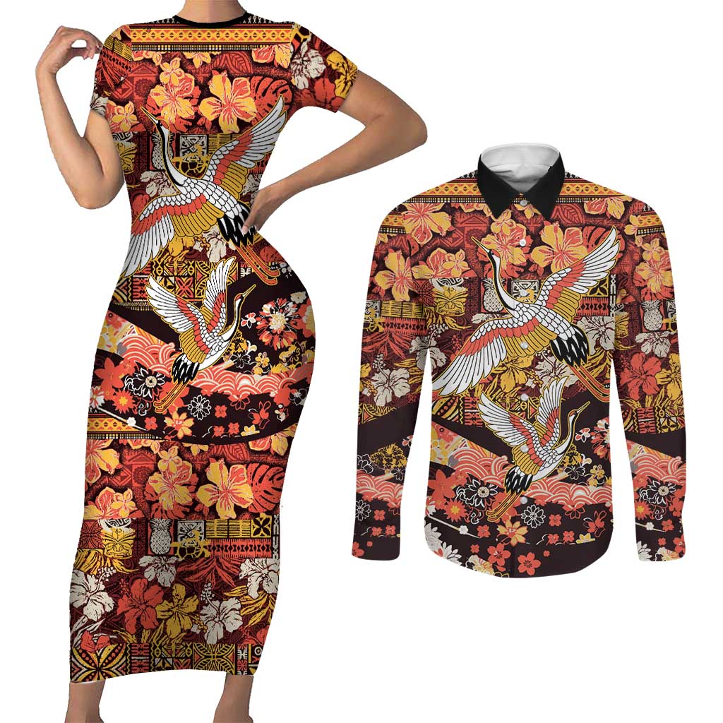 Japanese Hawaiian Crane Couples Matching Short Sleeve Bodycon Dress and Long Sleeve Button Shirt Yellow Ochre Tapa Patchwork Pattern