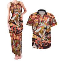 Japanese Hawaiian Crane Couples Matching Tank Maxi Dress and Hawaiian Shirt Yellow Ochre Tapa Patchwork Pattern