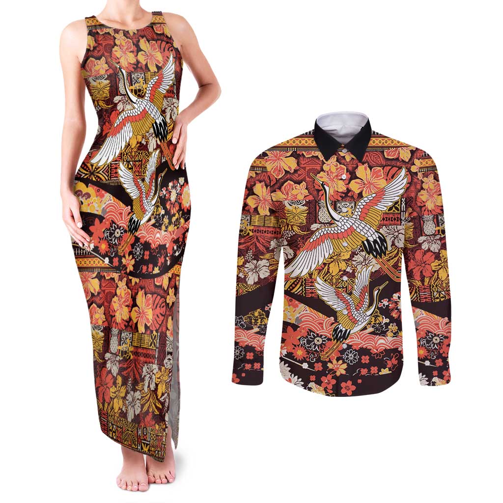Japanese Hawaiian Crane Couples Matching Tank Maxi Dress and Long Sleeve Button Shirt Yellow Ochre Tapa Patchwork Pattern