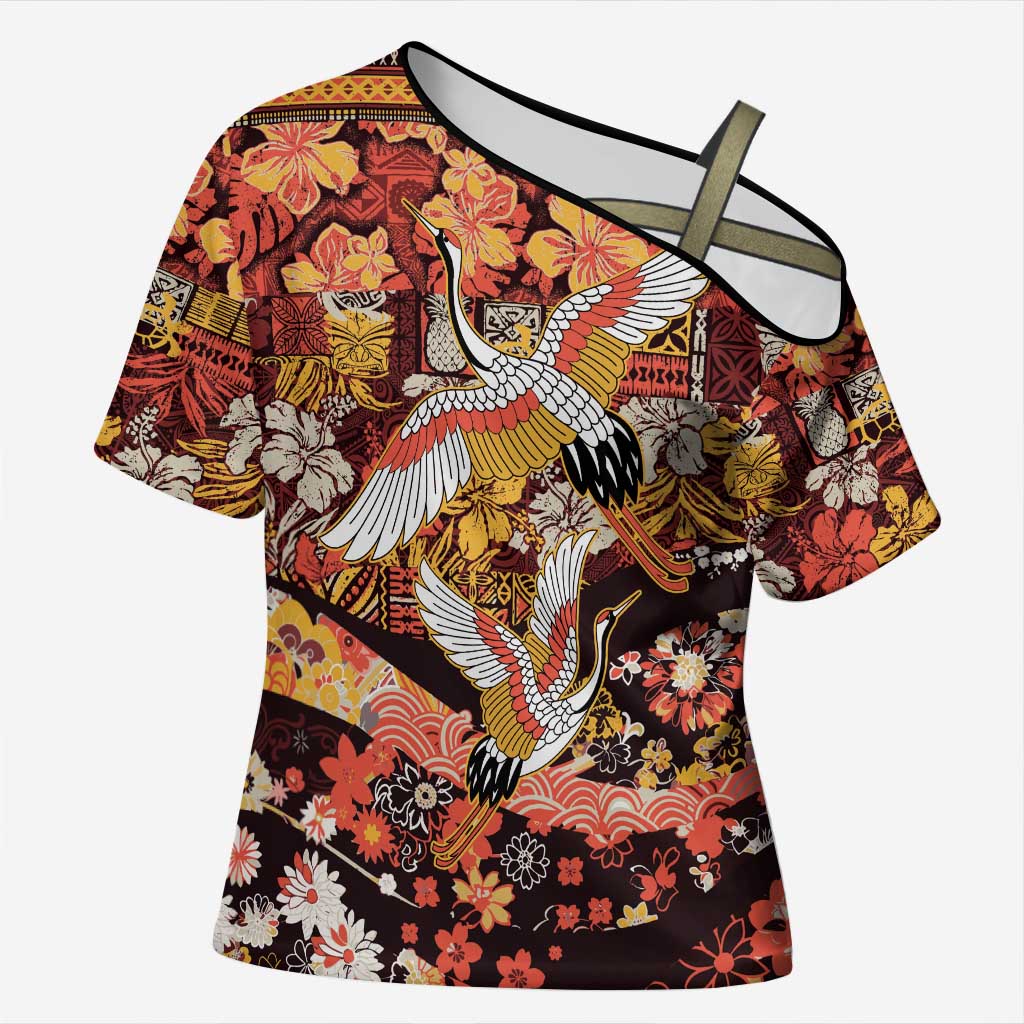 Japanese Hawaiian Crane Cross Shoulder Shirt Yellow Ochre Tapa Patchwork Pattern