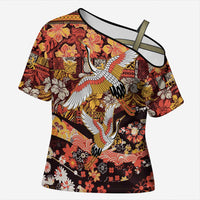 Japanese Hawaiian Crane Cross Shoulder Shirt Yellow Ochre Tapa Patchwork Pattern