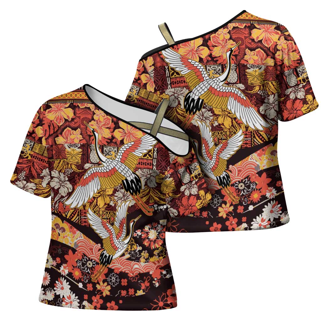 Japanese Hawaiian Crane Cross Shoulder Shirt Yellow Ochre Tapa Patchwork Pattern