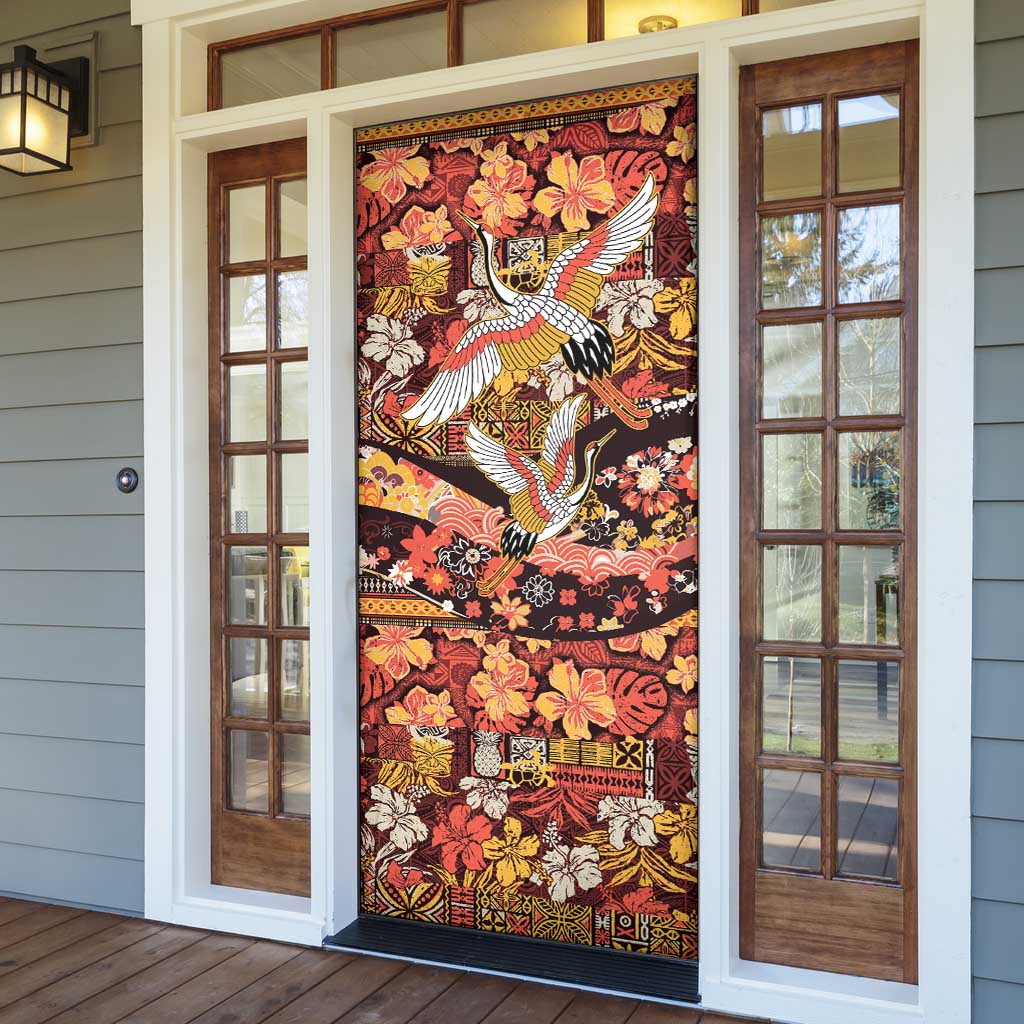 Japanese Hawaiian Crane Door Cover Yellow Ochre Tapa Patchwork Pattern