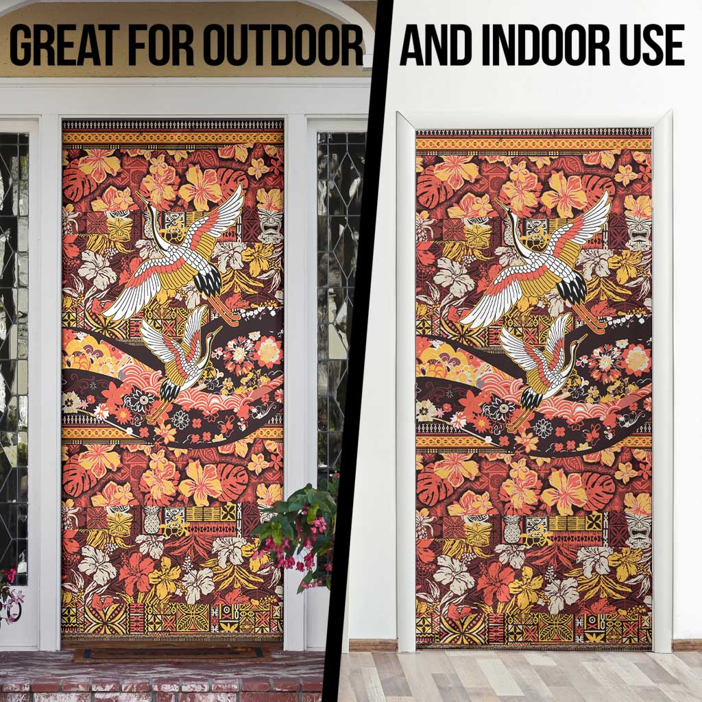 Japanese Hawaiian Crane Door Cover Yellow Ochre Tapa Patchwork Pattern