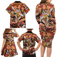 Japanese Hawaiian Crane Family Matching Long Sleeve Bodycon Dress and Hawaiian Shirt Yellow Ochre Tapa Patchwork Pattern LT9 - Polynesian Pride