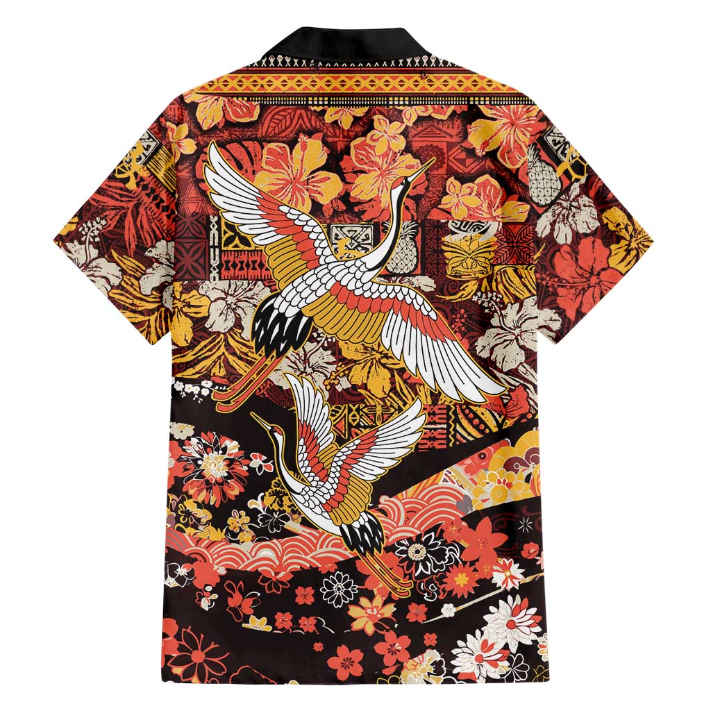 Japanese Hawaiian Crane Family Matching Long Sleeve Bodycon Dress and Hawaiian Shirt Yellow Ochre Tapa Patchwork Pattern LT9 - Polynesian Pride