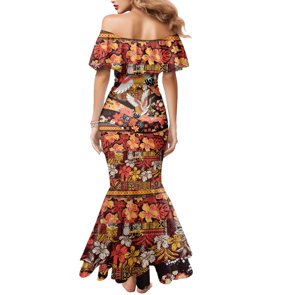 Japanese Hawaiian Crane Family Matching Mermaid Dress and Hawaiian Shirt Yellow Ochre Tapa Patchwork Pattern