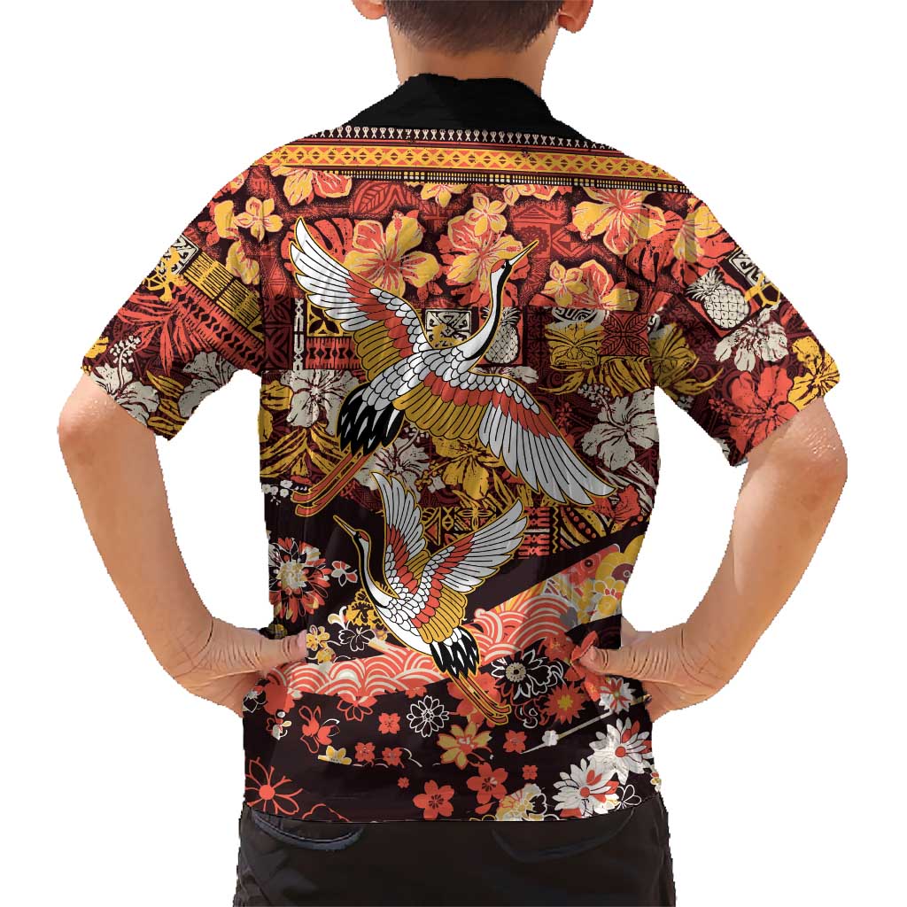 Japanese Hawaiian Crane Family Matching Off The Shoulder Long Sleeve Dress and Hawaiian Shirt Yellow Ochre Tapa Patchwork Pattern LT9 - Polynesian Pride