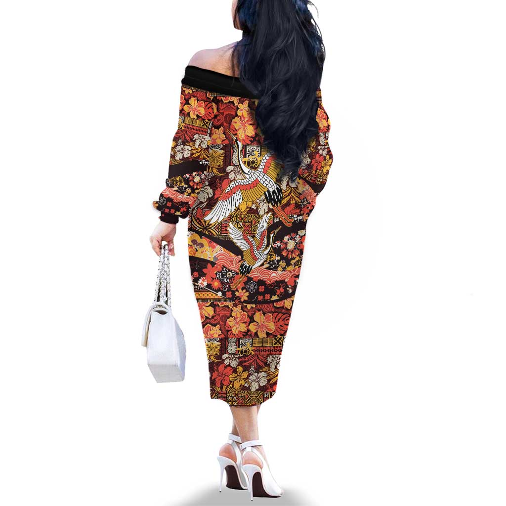 Japanese Hawaiian Crane Family Matching Off The Shoulder Long Sleeve Dress and Hawaiian Shirt Yellow Ochre Tapa Patchwork Pattern LT9 - Polynesian Pride
