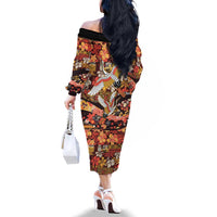 Japanese Hawaiian Crane Family Matching Off The Shoulder Long Sleeve Dress and Hawaiian Shirt Yellow Ochre Tapa Patchwork Pattern LT9 - Polynesian Pride