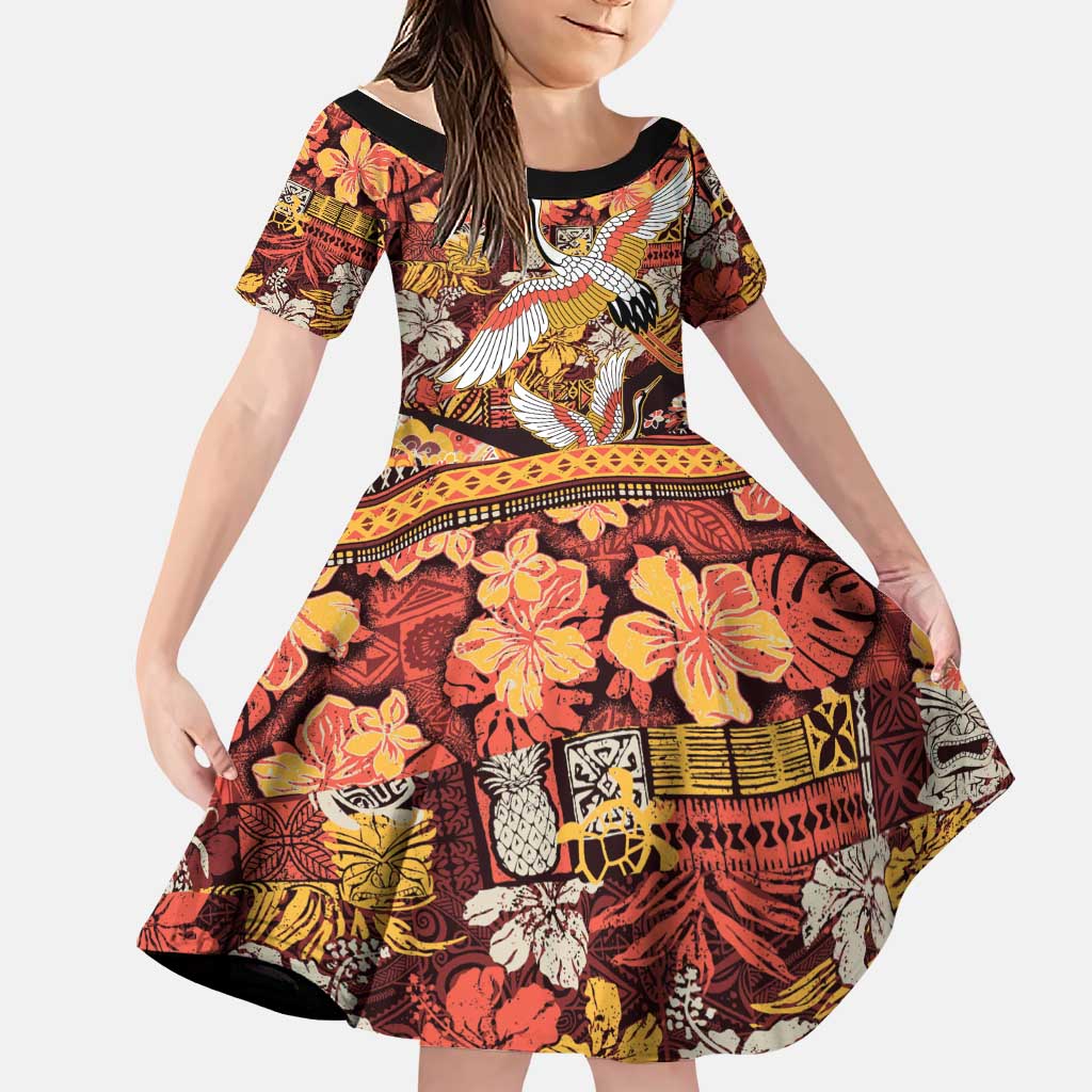 Japanese Hawaiian Crane Family Matching Off Shoulder Maxi Dress and Hawaiian Shirt Yellow Ochre Tapa Patchwork Pattern