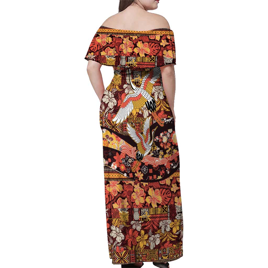 Japanese Hawaiian Crane Family Matching Off Shoulder Maxi Dress and Hawaiian Shirt Yellow Ochre Tapa Patchwork Pattern