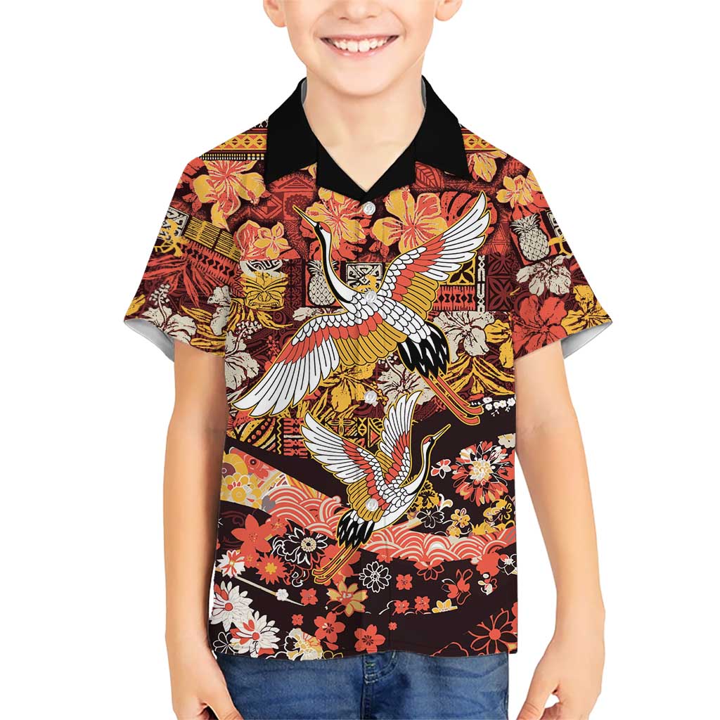 Japanese Hawaiian Crane Family Matching Off Shoulder Maxi Dress and Hawaiian Shirt Yellow Ochre Tapa Patchwork Pattern