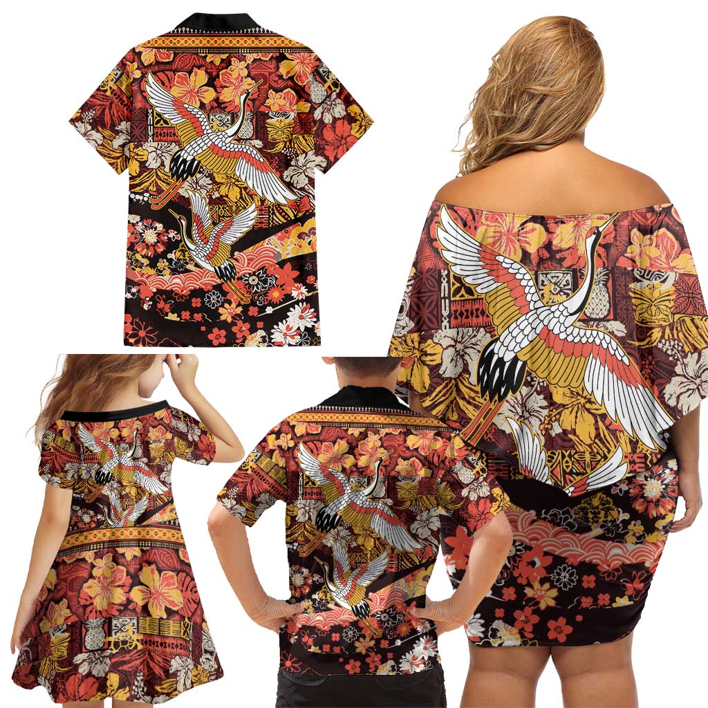 Japanese Hawaiian Crane Family Matching Off Shoulder Short Dress and Hawaiian Shirt Yellow Ochre Tapa Patchwork Pattern