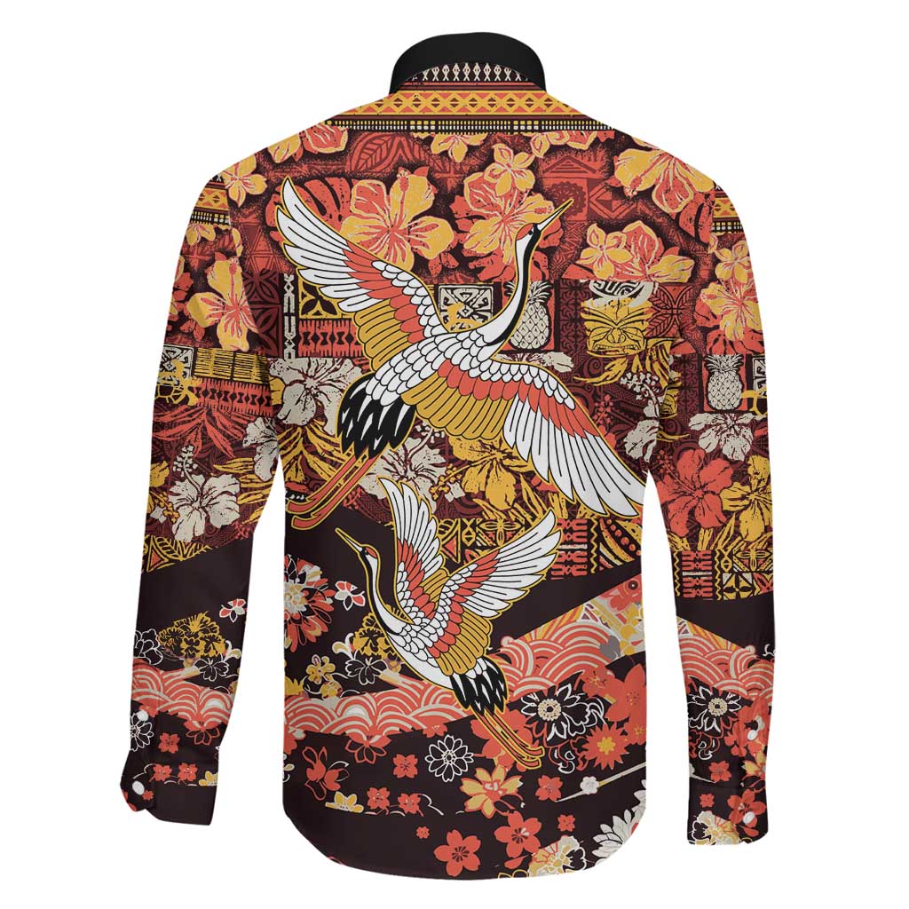 Japanese Hawaiian Crane Family Matching Puletasi and Hawaiian Shirt Yellow Ochre Tapa Patchwork Pattern